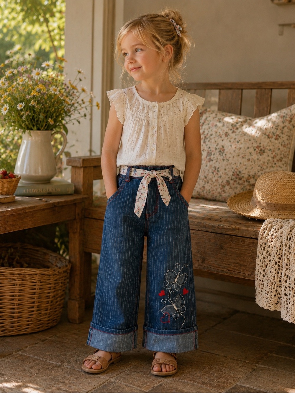 Y2K Girls Faded Glory Wide Leg Pin Stripped Butterfly Cuffed Denim Jeans Size 4